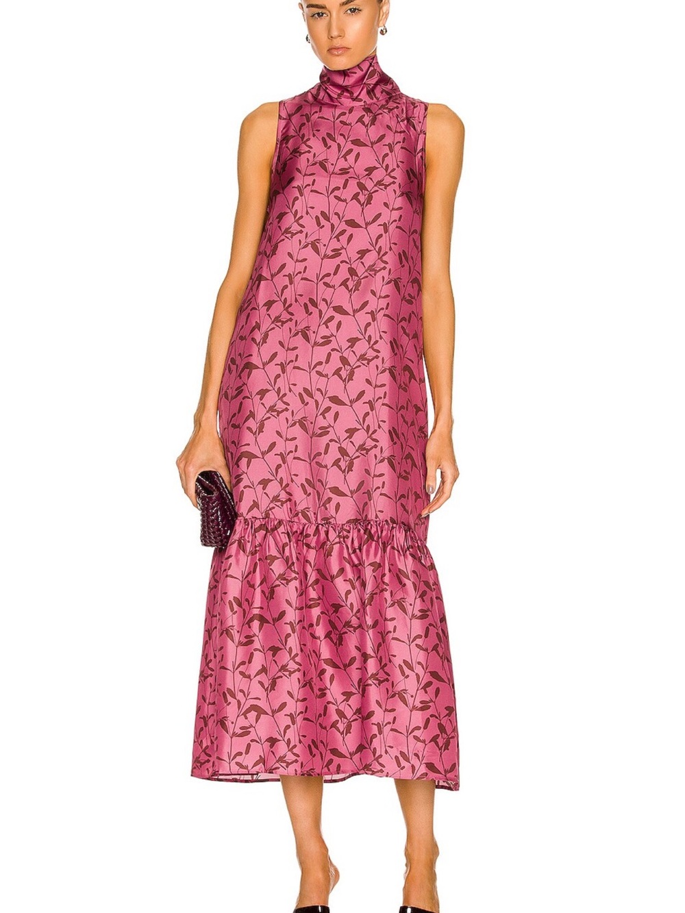 Sleeveless High-Neck Pink Floral Silk Dress - Picture 2 of 9